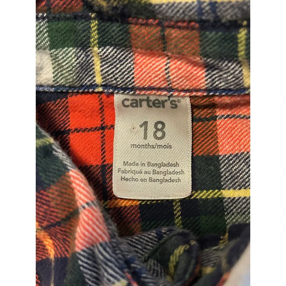 Carters Toddler Boys Red Green Plaid Flannel Button Down Shirt 18 Months 1526